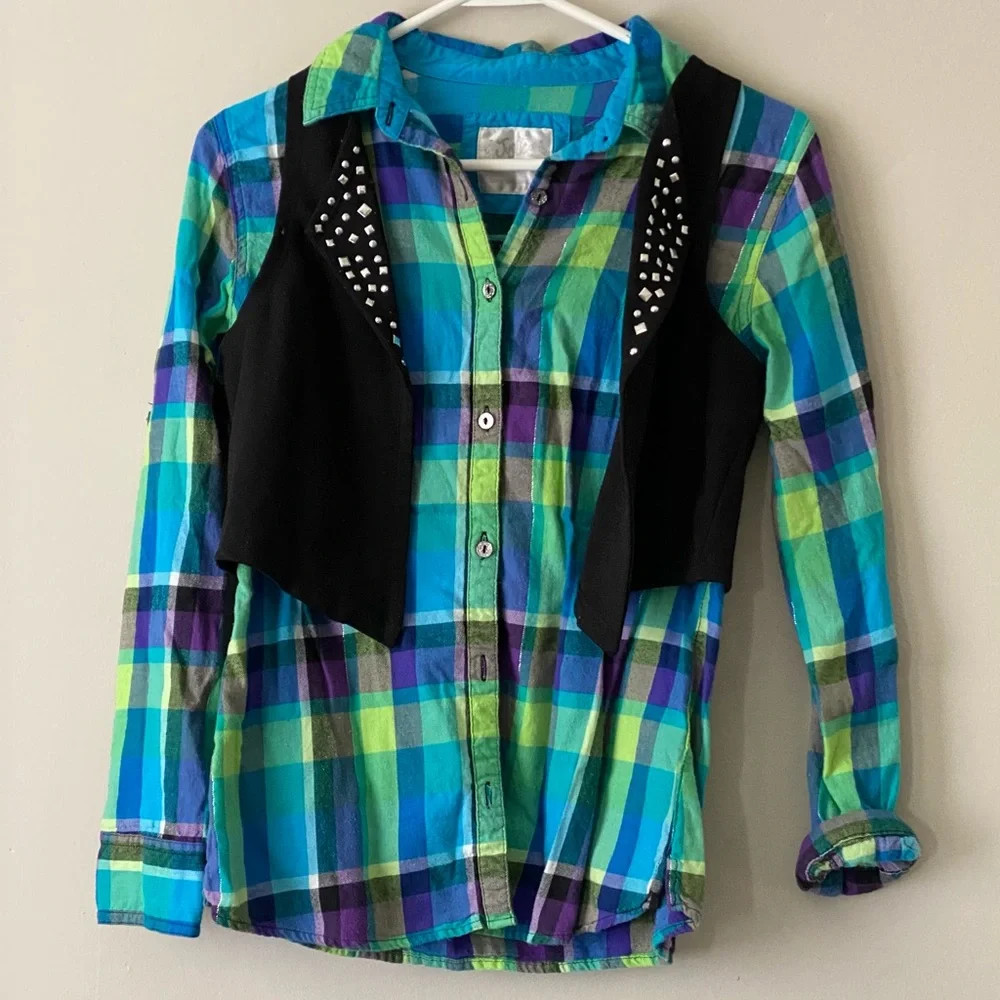 Justice Girls Button-up Plaid Shirt with a Studded Vest Size 14